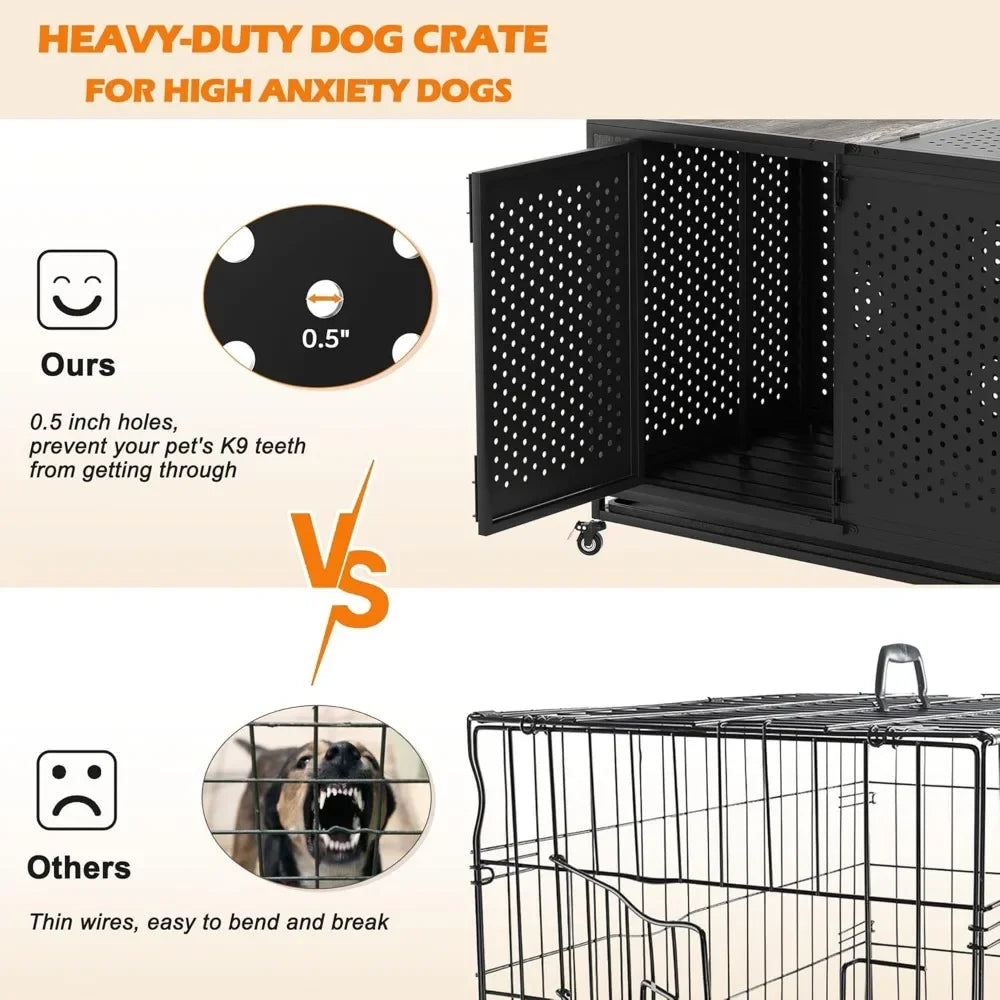 48" Heavy Duty Dog Crate Furniture for Extra Large Dogs, Enclosed Design with 0.5 inch Holes, Indestructible Metal Kennel