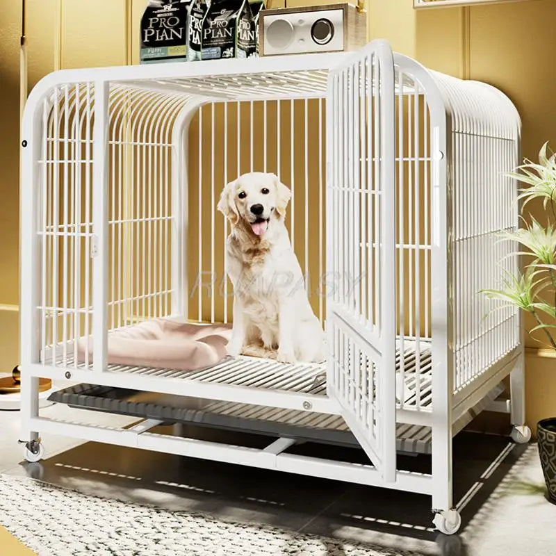 Dog Crate Furniture with Door Metal Pet Dog Cages House with Leak-Proof Pan Removable Tray Floor Protecting Kennel on Wheels