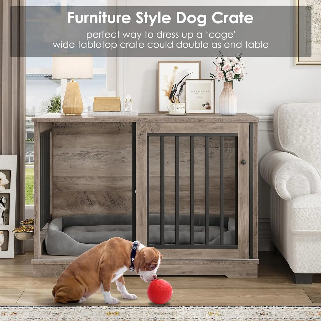 Dog Crate Furniture 47” Large Dog Kennel for Dogs Indoor, Heavy Duty Dog Cage with Sliding Door and 2 SUS Bowls Wooden End Table