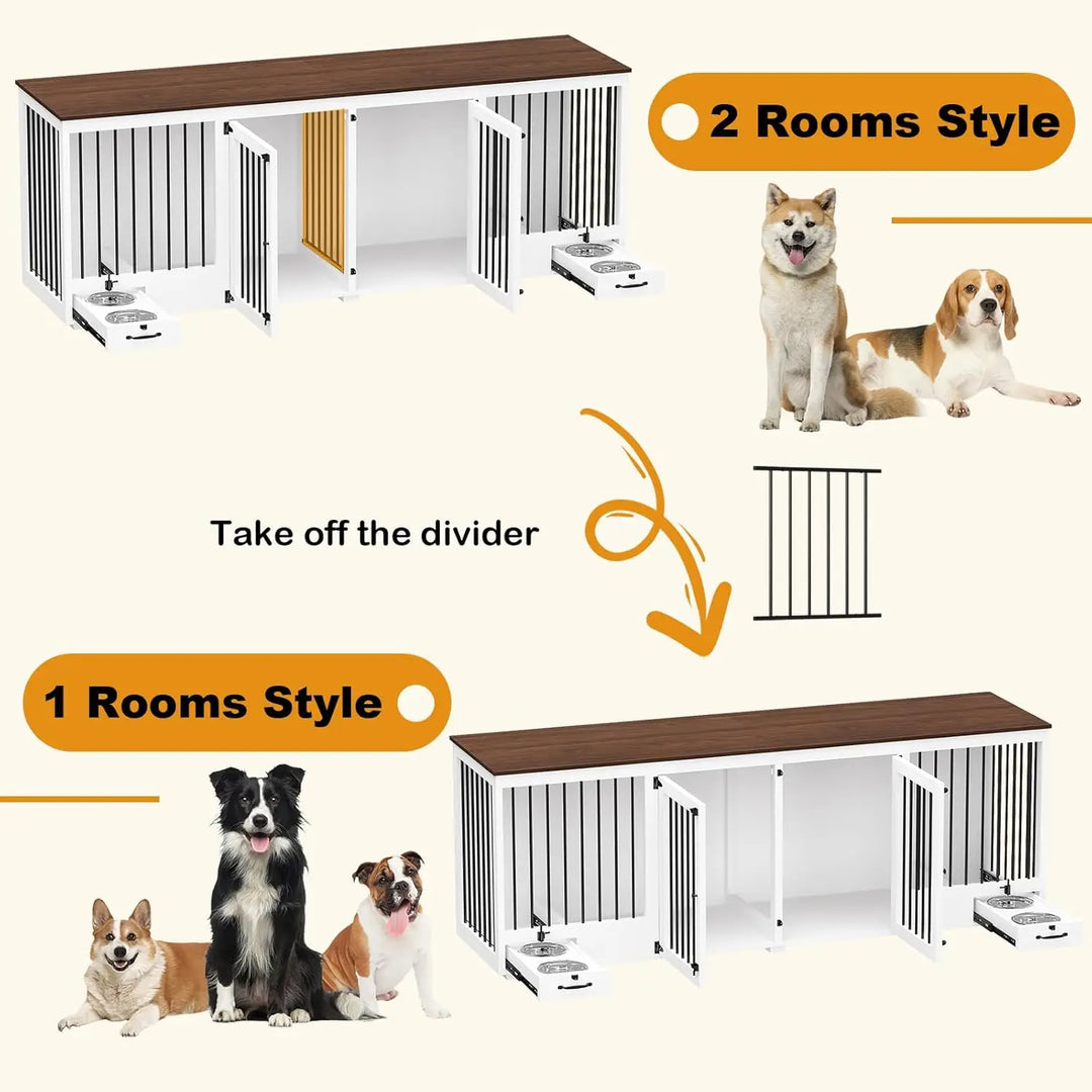 Furniture Style Large Dog Crate for 2 Dogs, 86.6" Heavy Duty Wooden Dog Kennel with Dog Bowl Drawers & Divider, Indoor Furniture