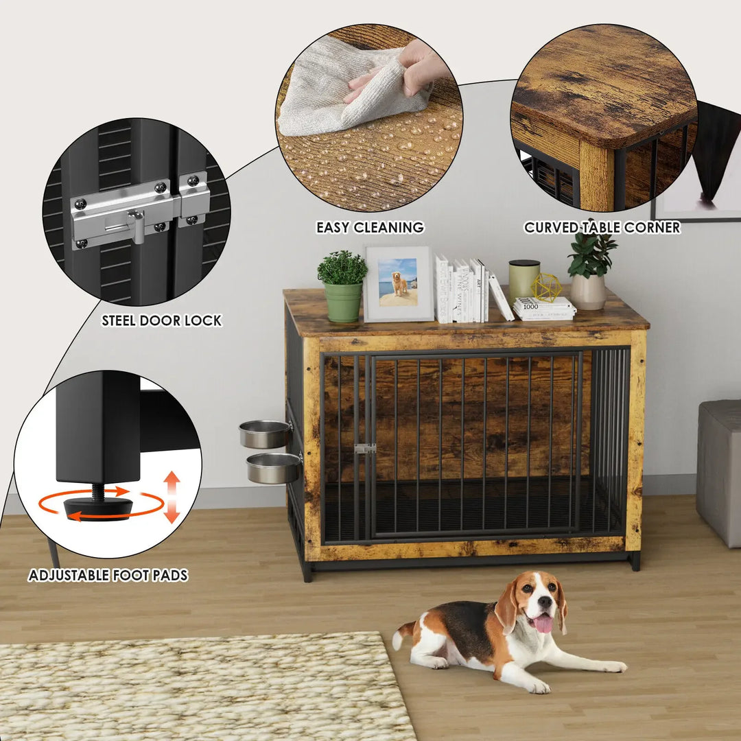 Wooden Crate Furniture with Advanced Bowls, Dog Crate, End Table with Climbing, Double Doors, Dog Kennels, Medium Interior