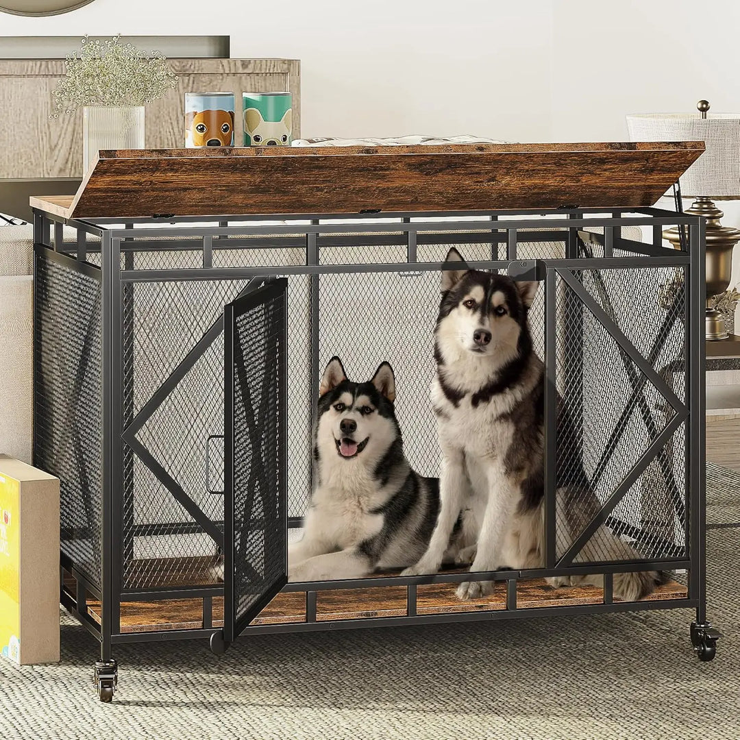 Dog Crate Furniture, 48 Inch Dog Crate for Large Medium , Wooden  Kennel Indoor End Table,  Cage Large Dogs with Wheel