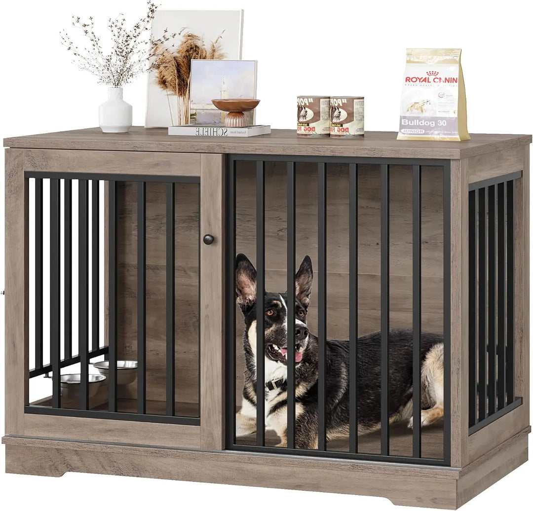 Dog Crate Furniture 47” Large Dog Kennel for Dogs Indoor, Heavy Duty Dog Cage with Sliding Door and 2 SUS Bowls Wooden End Table