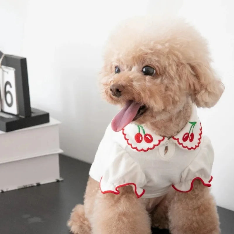 Puppy Cherry Shirt Wave Edge Bubble Sleeve Top Pet Clothes Dogs Clothing Teddy Bears Coat Dog T-Shirt Cute Puppy Clothes