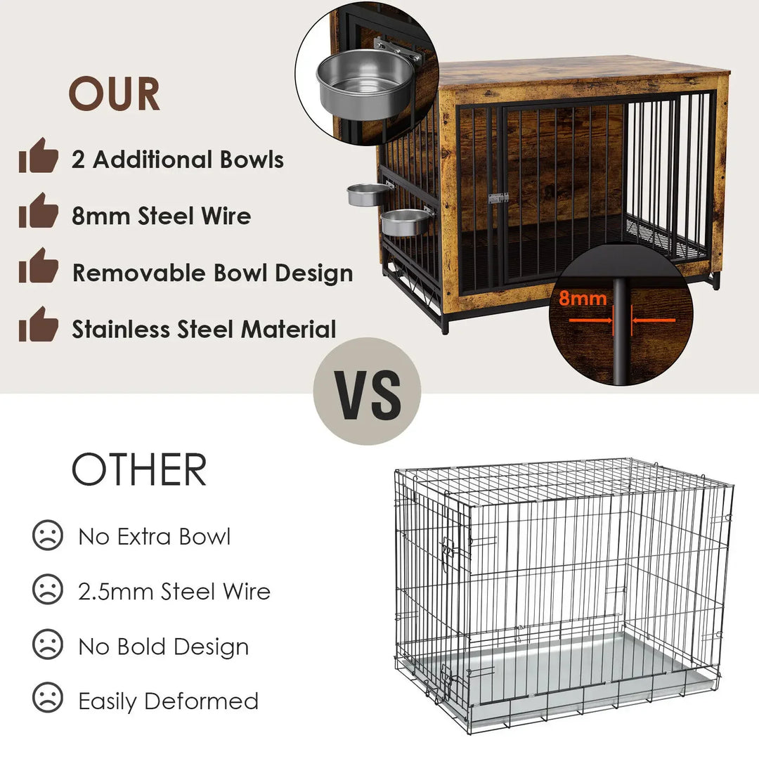 Wooden Crate Furniture with Advanced Bowls, Dog Crate, End Table with Climbing, Double Doors, Dog Kennels, Medium Interior