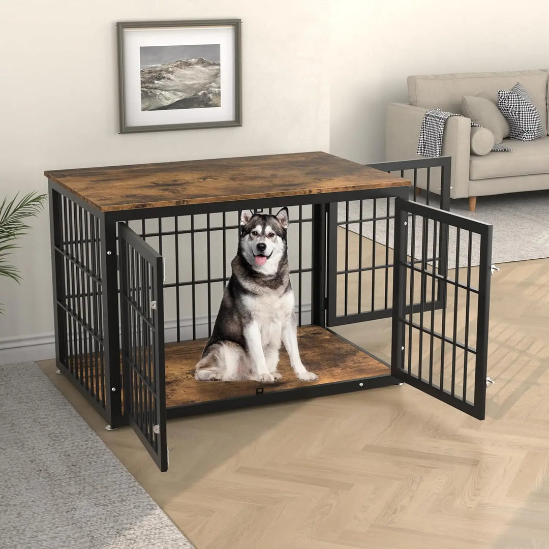 Rustic Heavy Duty Dog Crate Furniture for Extra Large Dogs, , Wooden Cage Kennel Furniture Indoor, XL, Black and Brown