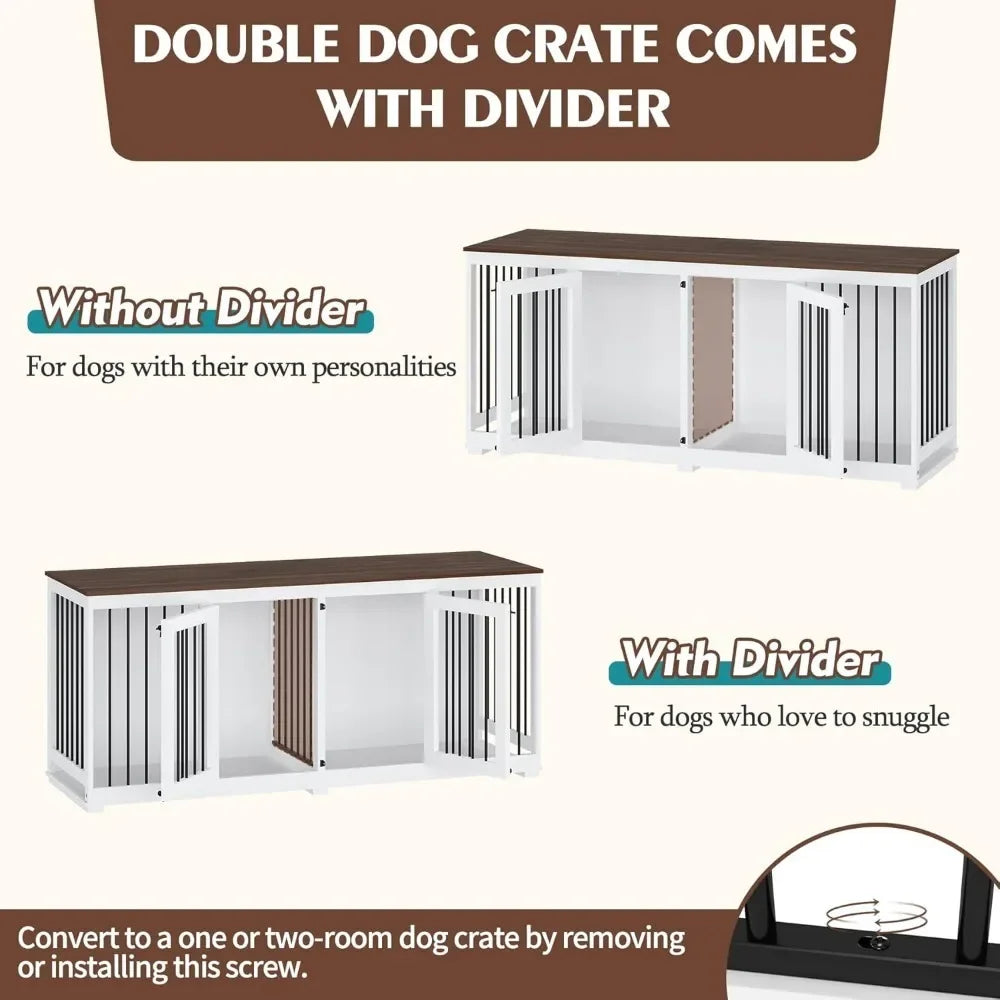 Dog Crate, Wooden  Kennel Furniture with Divider & 2 Trays, Dog Crates Furniture for Large or 2 Medium Dogs Indoor, Dog Crate