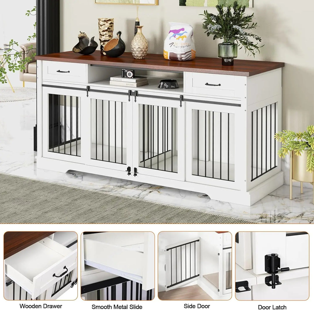 Dog Crate Furniture for 2 Dogs, 71" Extra Large Indoor Wooden Dog Kennel with Removable Divider, Heavy Duty Farmhouse Dog Crates