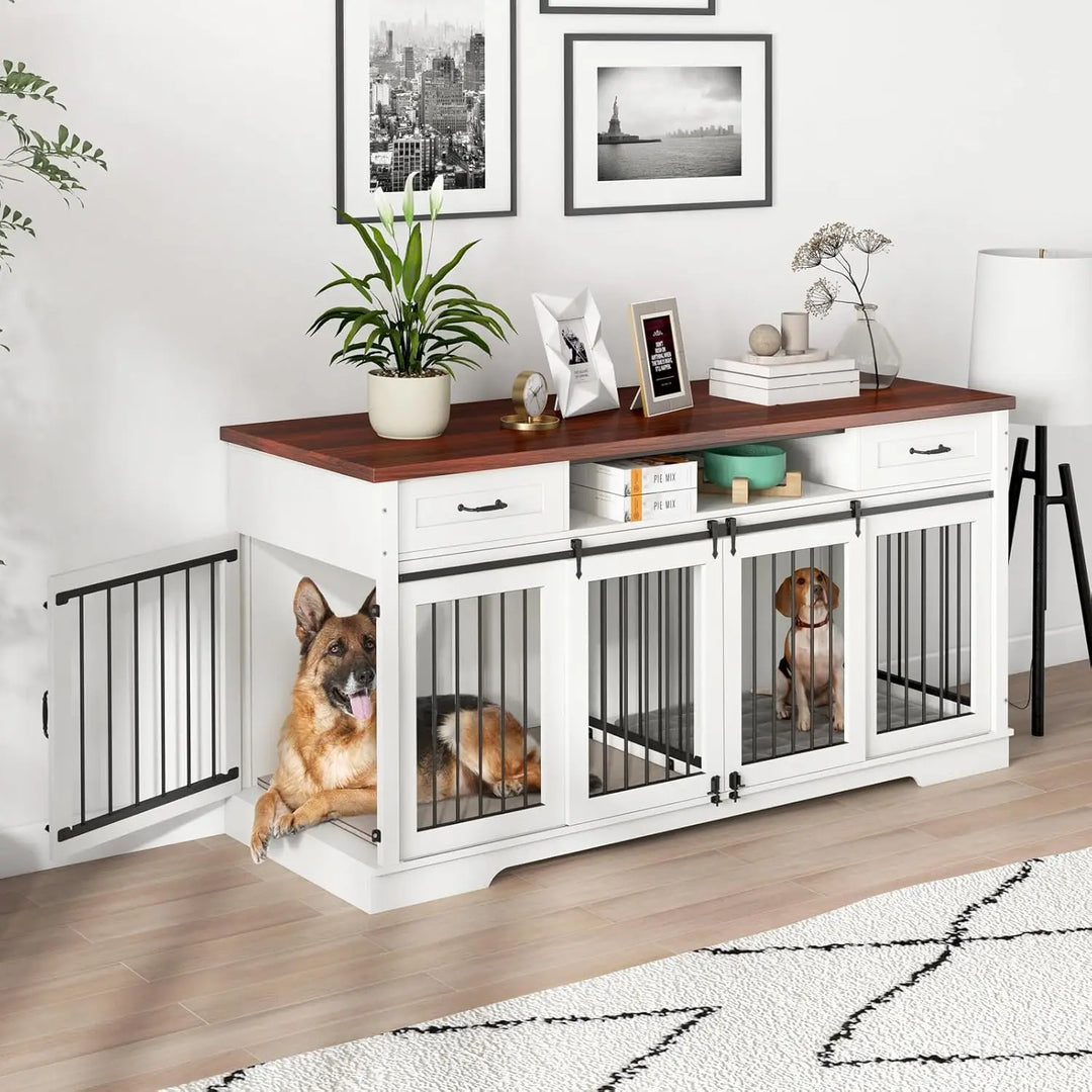 Dog Crate Furniture for 2 Dogs, 71" Extra Large Indoor Wooden Dog Kennel with Removable Divider, Heavy Duty Farmhouse Dog Crates