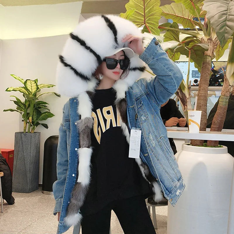 MAOMAOKONG Natural Fur Collar Real Fox Fur Coat Hooded Denim Jackets Women's Winter Coats Jean Parkas Female Clothing