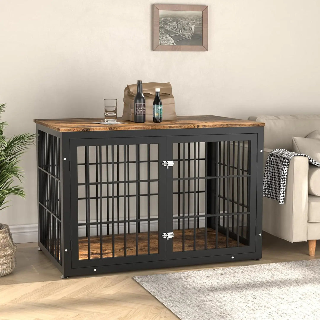 Rustic Heavy Duty Dog Crate Furniture for Extra Large Dogs, , Wooden Cage Kennel Furniture Indoor, XL, Black and Brown