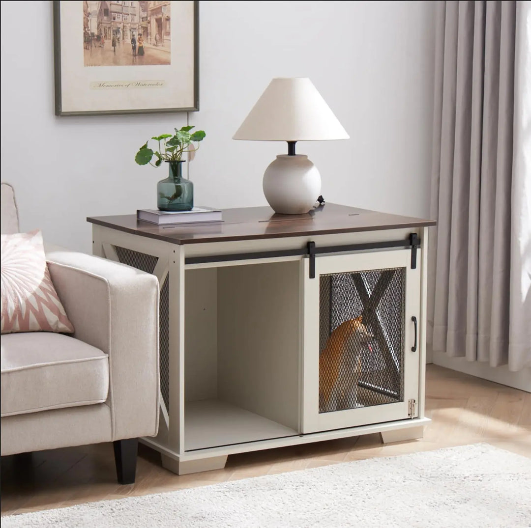 Furniture Style Dog Crate End Table with Sliding Barn Door for Medium Dogs Indoor Dog Kennel Furniture, Flip Top Dog Crate