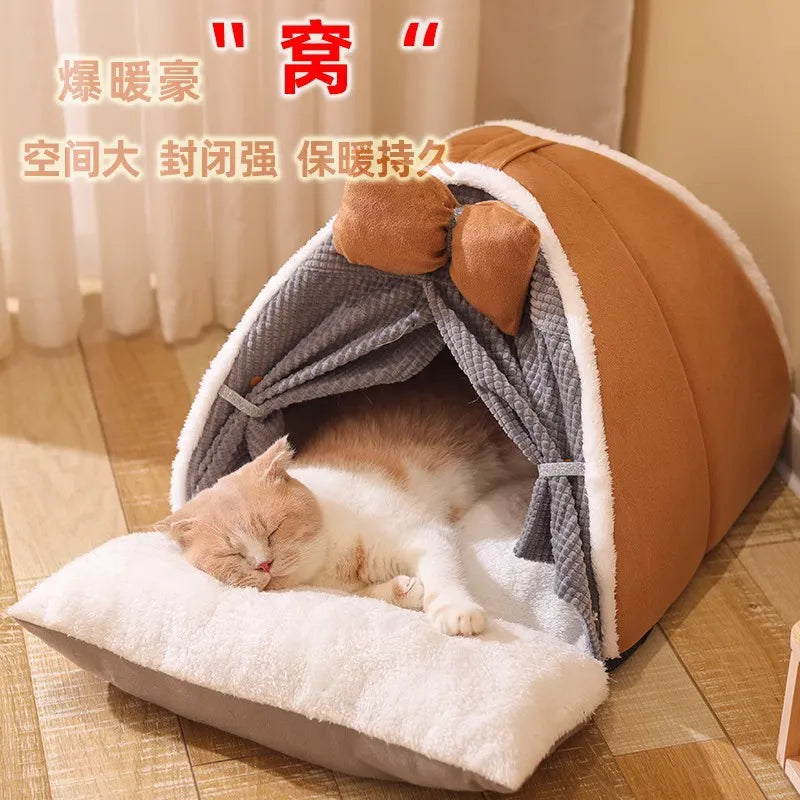 Modern Four-Season Universal Pet Bed Cat and Dog Kennel with Semi-Enclosed Litter Mat Oxford & EVA Animal Print Pattern