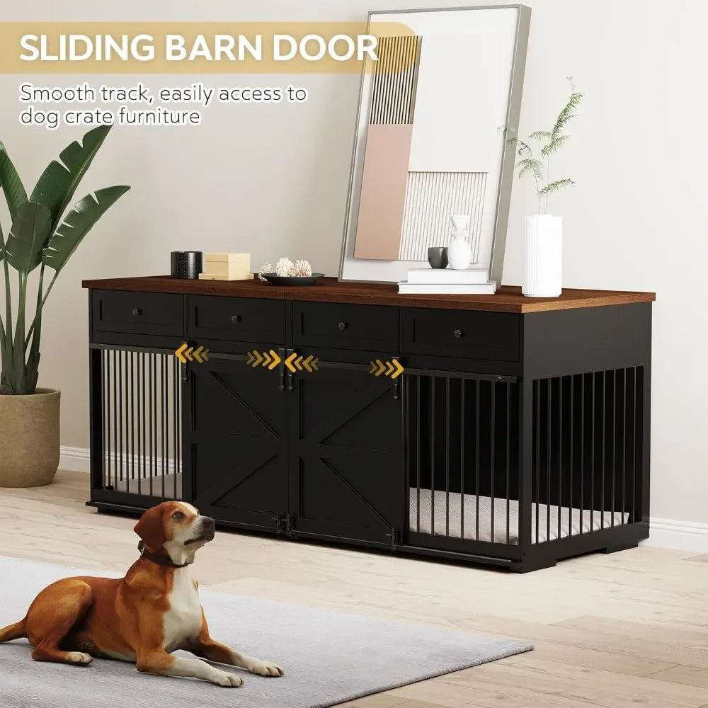 Dog Crate Furniture - Indoor Wooden Dog Kennel Furniture with 4 Drawers & 2 Sliding Barn Doors - for Small Medium Large Dogs