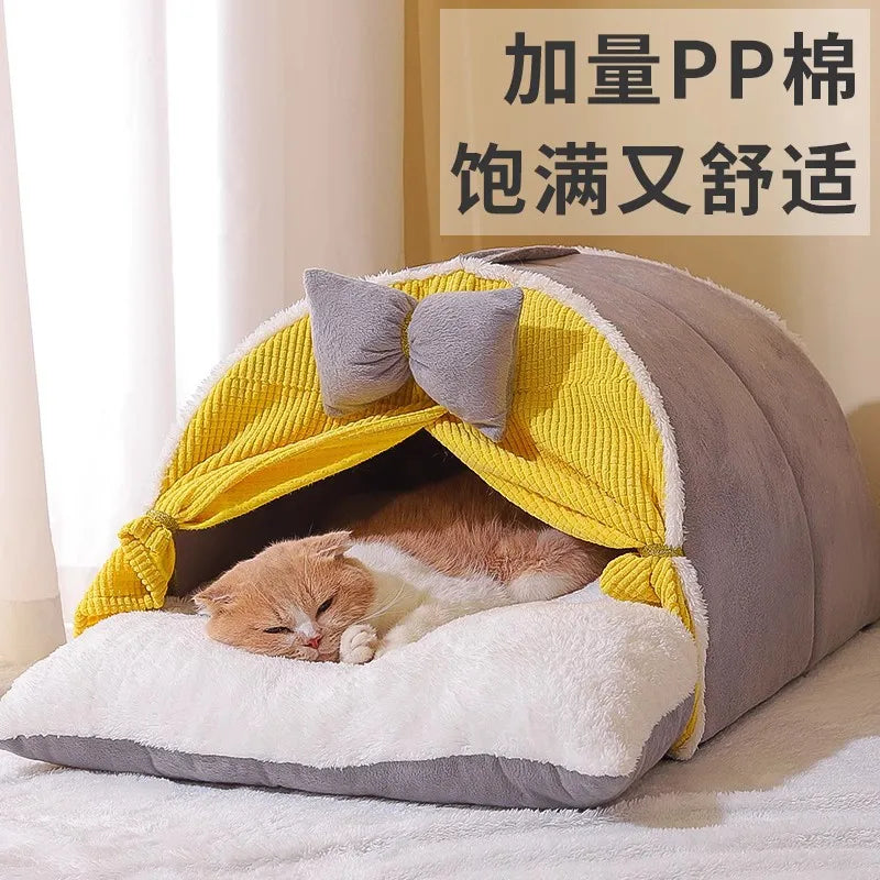 Modern Four-Season Universal Pet Bed Cat and Dog Kennel with Semi-Enclosed Litter Mat Oxford & EVA Animal Print Pattern