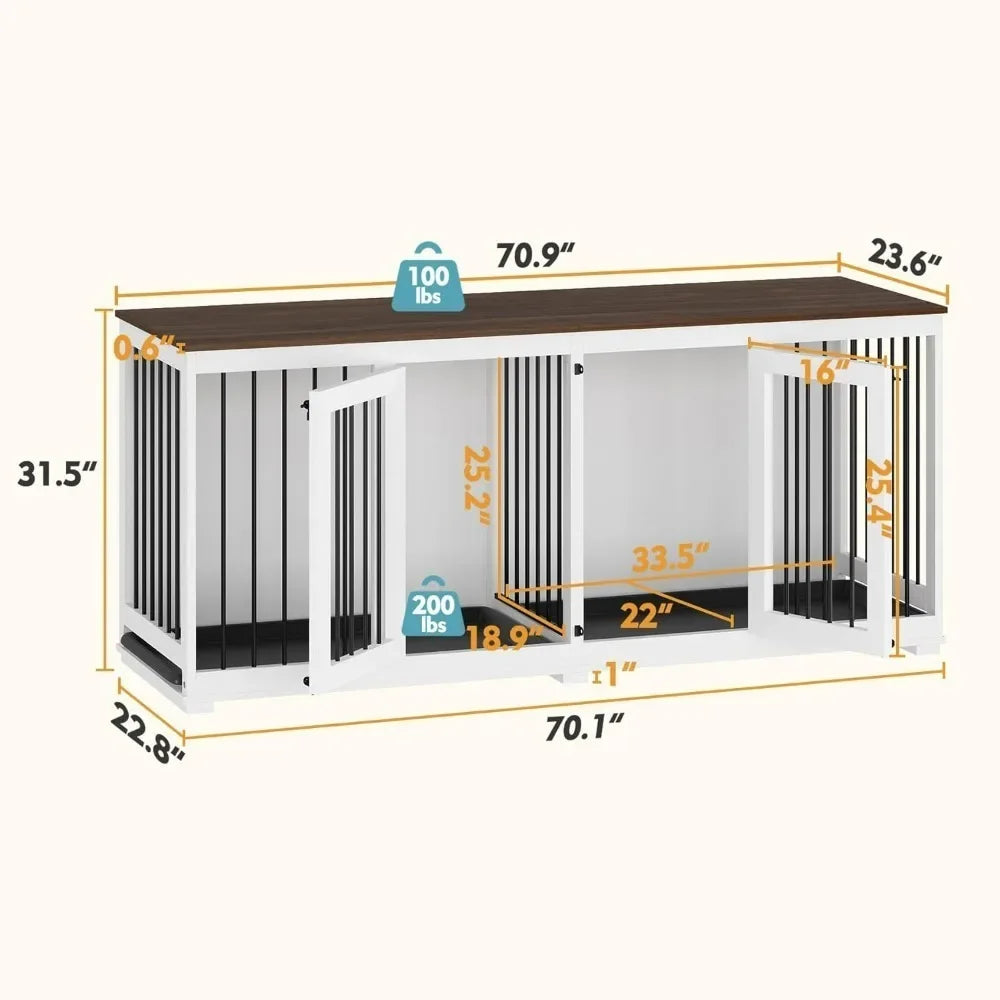 Dog Crate, Wooden  Kennel Furniture with Divider & 2 Trays, Dog Crates Furniture for Large or 2 Medium Dogs Indoor, Dog Crate