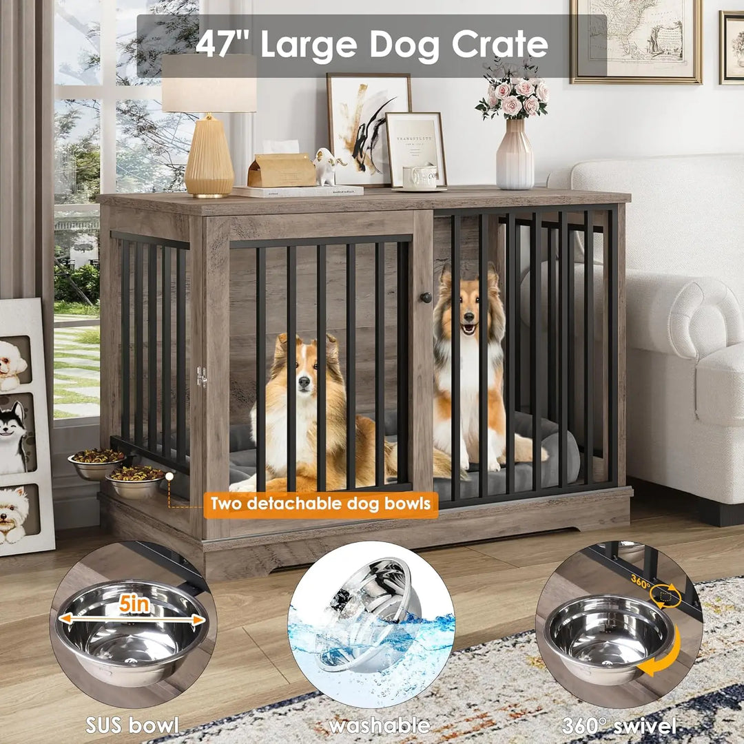 Dog Crate Furniture 47” Large Dog Kennel for Dogs Indoor, Heavy Duty Dog Cage with Sliding Door and 2 SUS Bowls Wooden End Table