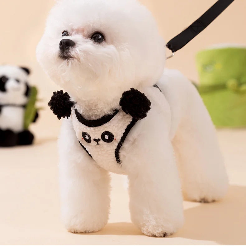 Puppy Cute Animal Plush Panda Dog  Harness and leash Collar Set and Medium-sized Dog Teddy Outdoor Vest-Style Harness Dog Leash