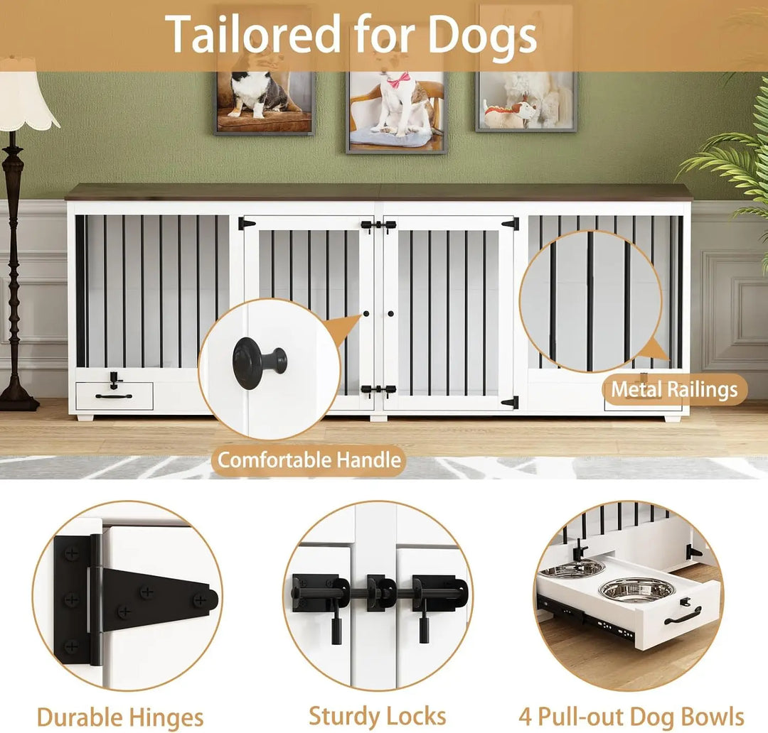 Furniture Style Large Dog Crate for 2 Dogs, 86.6" Heavy Duty Wooden Dog Kennel with Dog Bowl Drawers & Divider, Indoor Furniture