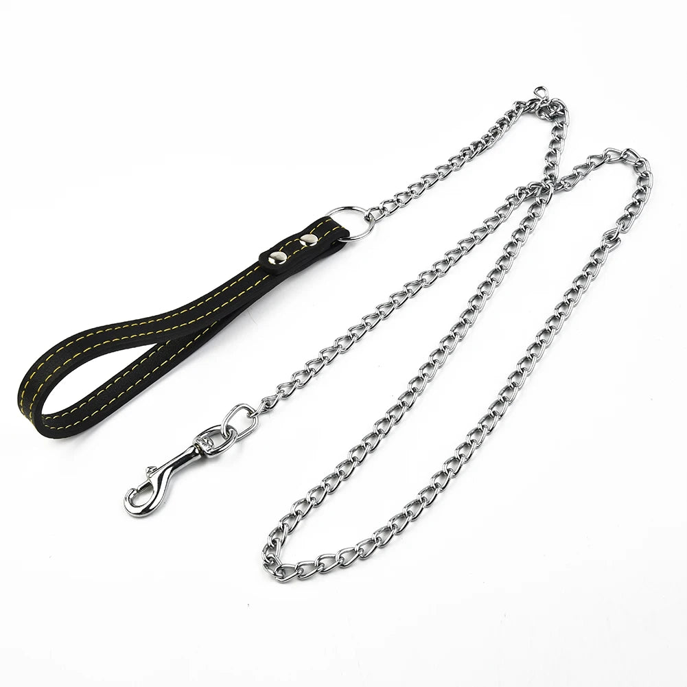 Metal Chain Dog Lead With Leather Dog Harness Leash Style Handle Strong Control Leash Outdoor Security Training Dog Harness Supp