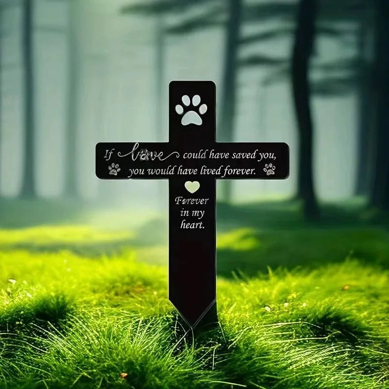 Wooden Pet Memorial Grave Cross Funerary Mark Deceased Dog Paw Print Monument Cemetery Plate Footprint Plaque Yard Garden Decor