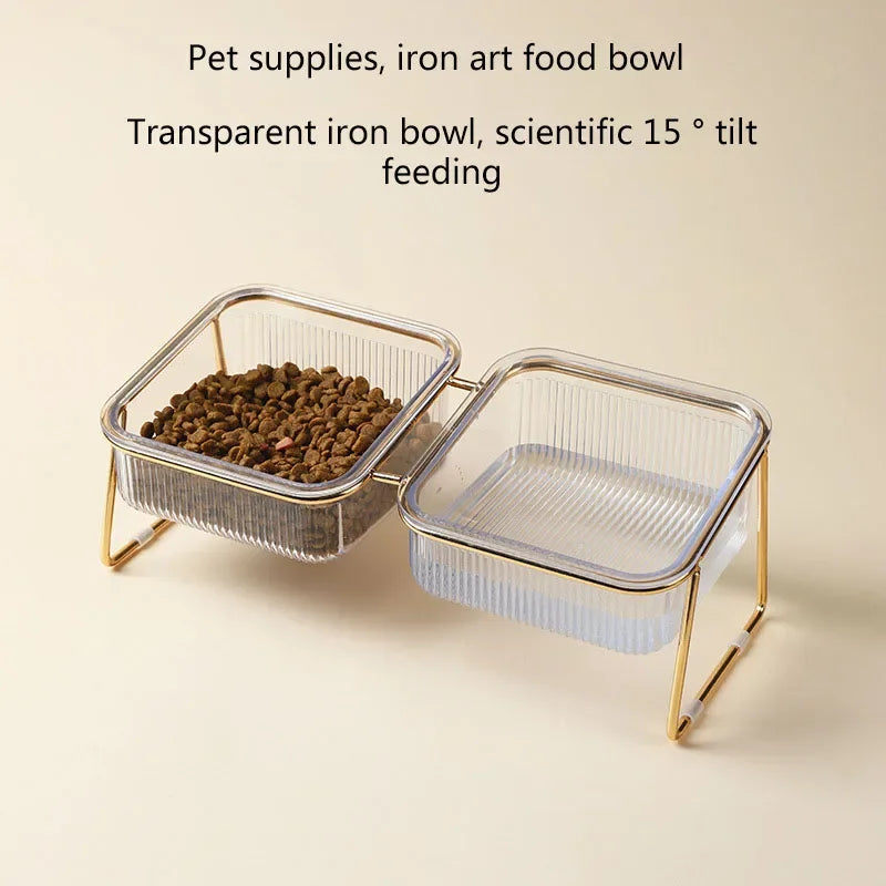 Cat Double Bowl New with Stand Pet Kitten Puppy Transparent Food Feeding Dish Metal Elevated Water Feeder Dog Bowl Supplies