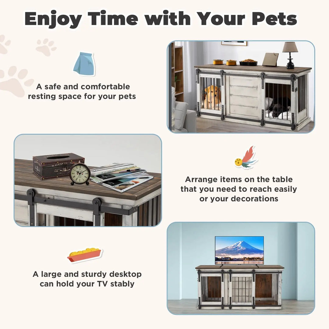 Solid Wood Dog Crate Furniture, 62.5'' Wooden Dog Crate with Removable Divider, Indoor Dog Kennel TV Cabinet,White