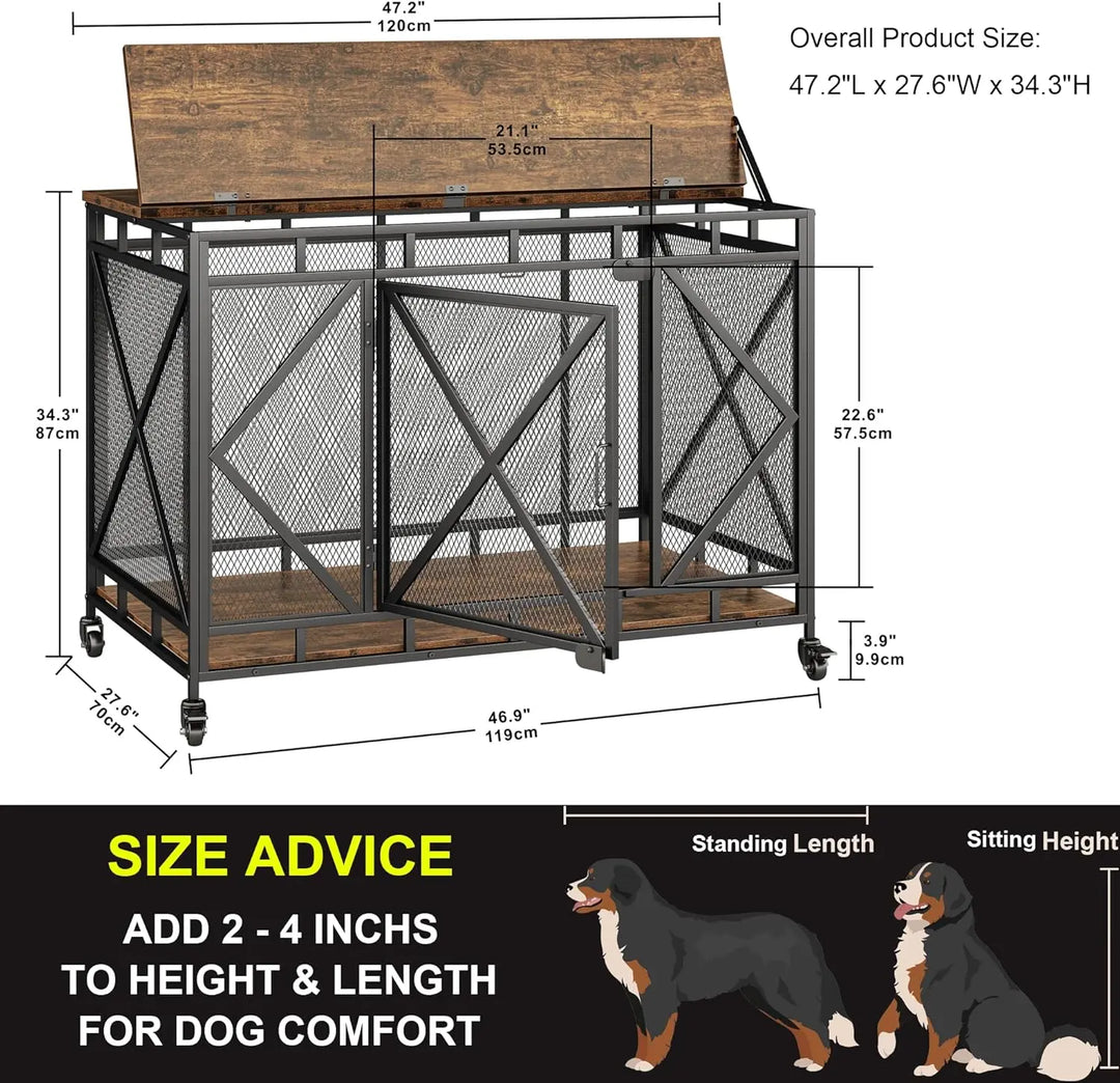 Dog Crate Furniture, 48 Inch Dog Crate for Large Medium , Wooden  Kennel Indoor End Table,  Cage Large Dogs with Wheel