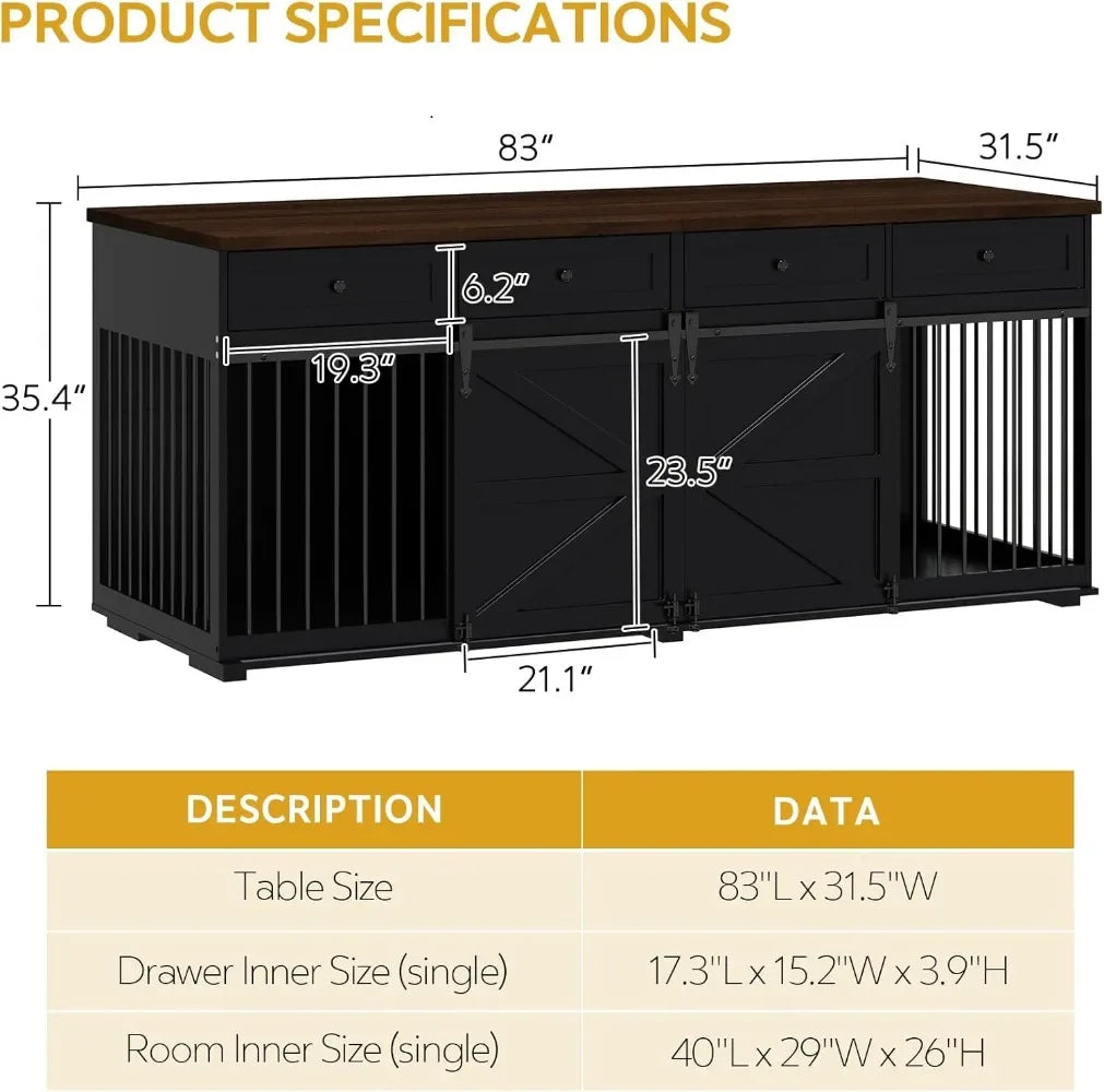 Dog Crate Furniture - Indoor Wooden Dog Kennel Furniture with 4 Drawers & 2 Sliding Barn Doors - for Small Medium Large Dogs