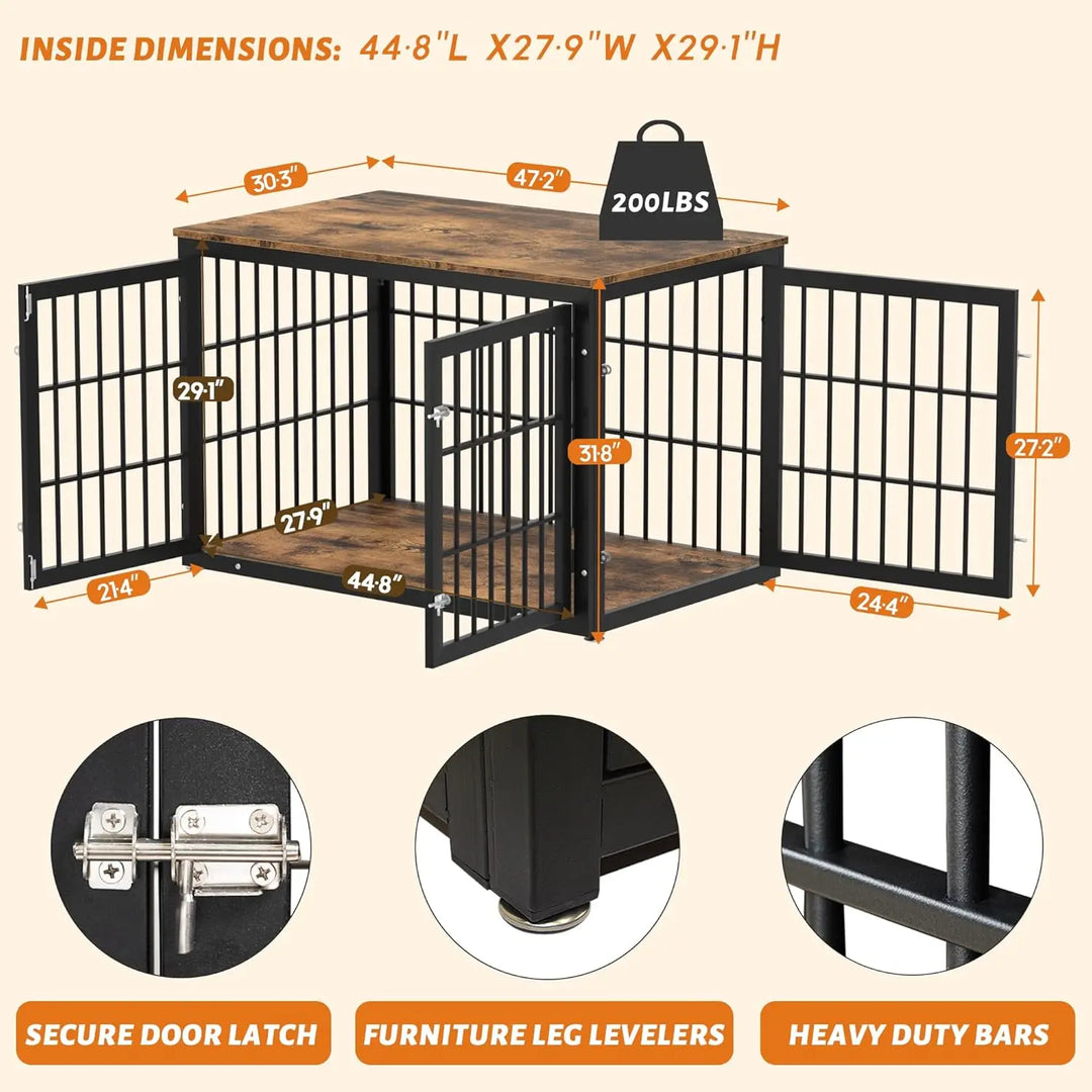 Rustic Heavy Duty Dog Crate Furniture for Extra Large Dogs, , Wooden Cage Kennel Furniture Indoor, XL, Black and Brown