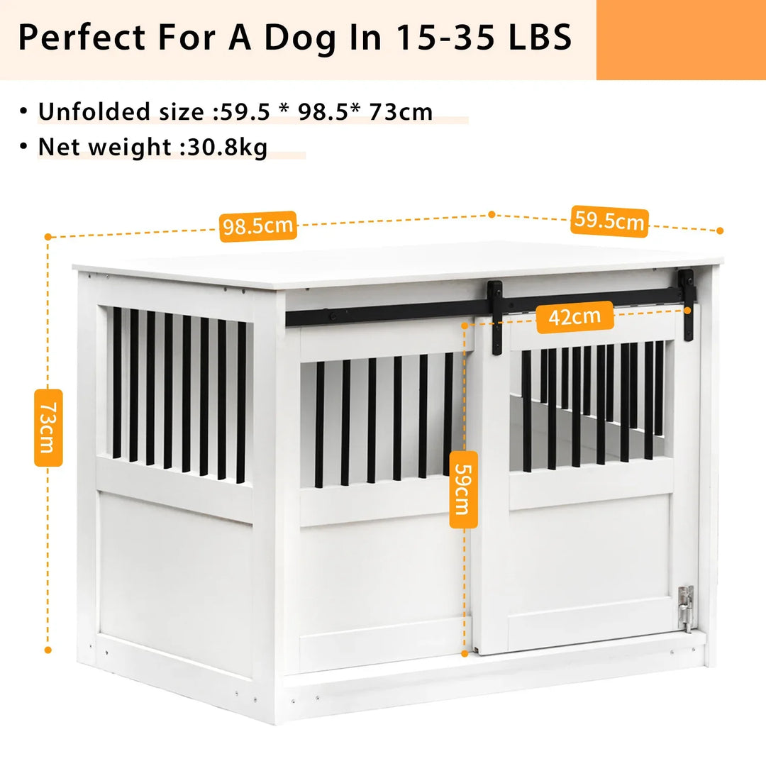 Dog Crate Furniture Large Dog Barn Door Puppy Kennel Thickened Farmhouse Top Metal Bars White Decorative Modern Dog Crate