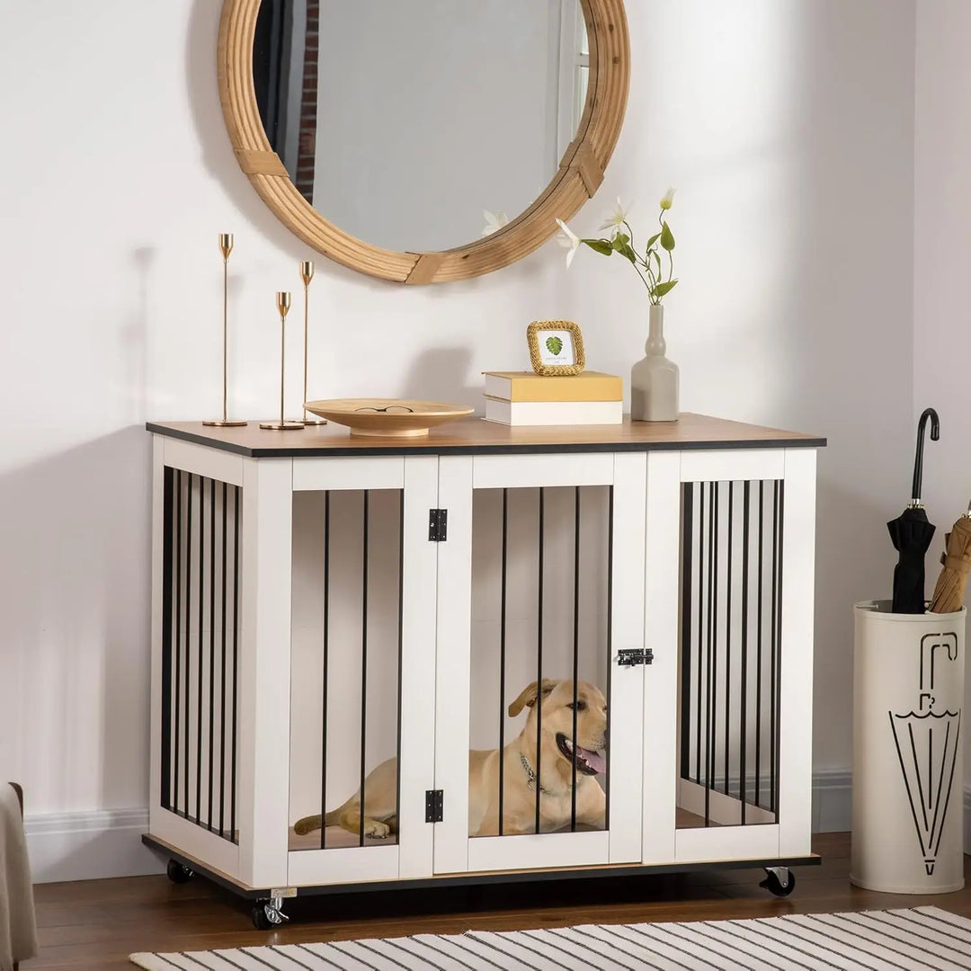 Large Dog Crate Furniture on Wheels, Dog Crate End Table Indoor with Lockable Door for Large Dogs, 42" W x 23.5" D x 32" H