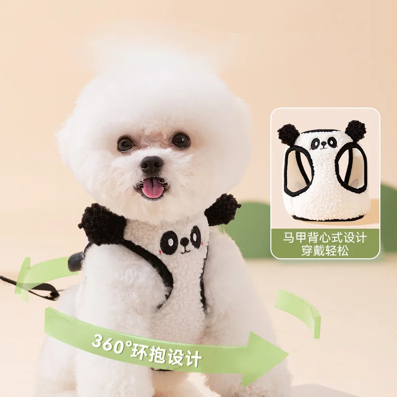 Puppy Cute Animal Plush Panda Dog  Harness and leash Collar Set and Medium-sized Dog Teddy Outdoor Vest-Style Harness Dog Leash