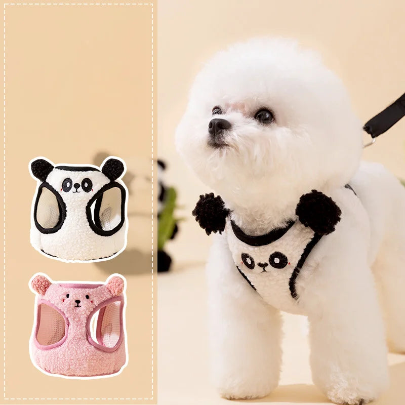 Puppy Cute Animal Plush Panda Dog  Harness and leash Collar Set and Medium-sized Dog Teddy Outdoor Vest-Style Harness Dog Leash