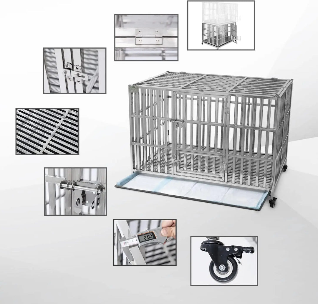 48" Stackable Heavy Duty Dog Crate Pet Stainless Steel Kennel Cage for Large Dogs with Tray in-Door Foldable & Portable for Anim