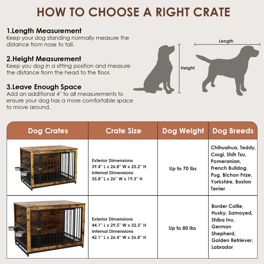 Wooden Crate Furniture with Advanced Bowls, Dog Crate, End Table with Climbing, Double Doors, Dog Kennels, Medium Interior