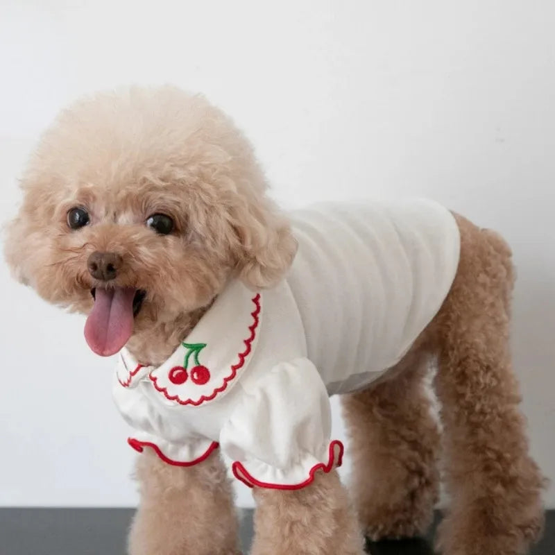 Puppy Cherry Shirt Wave Edge Bubble Sleeve Top Pet Clothes Dogs Clothing Teddy Bears Coat Dog T-Shirt Cute Puppy Clothes