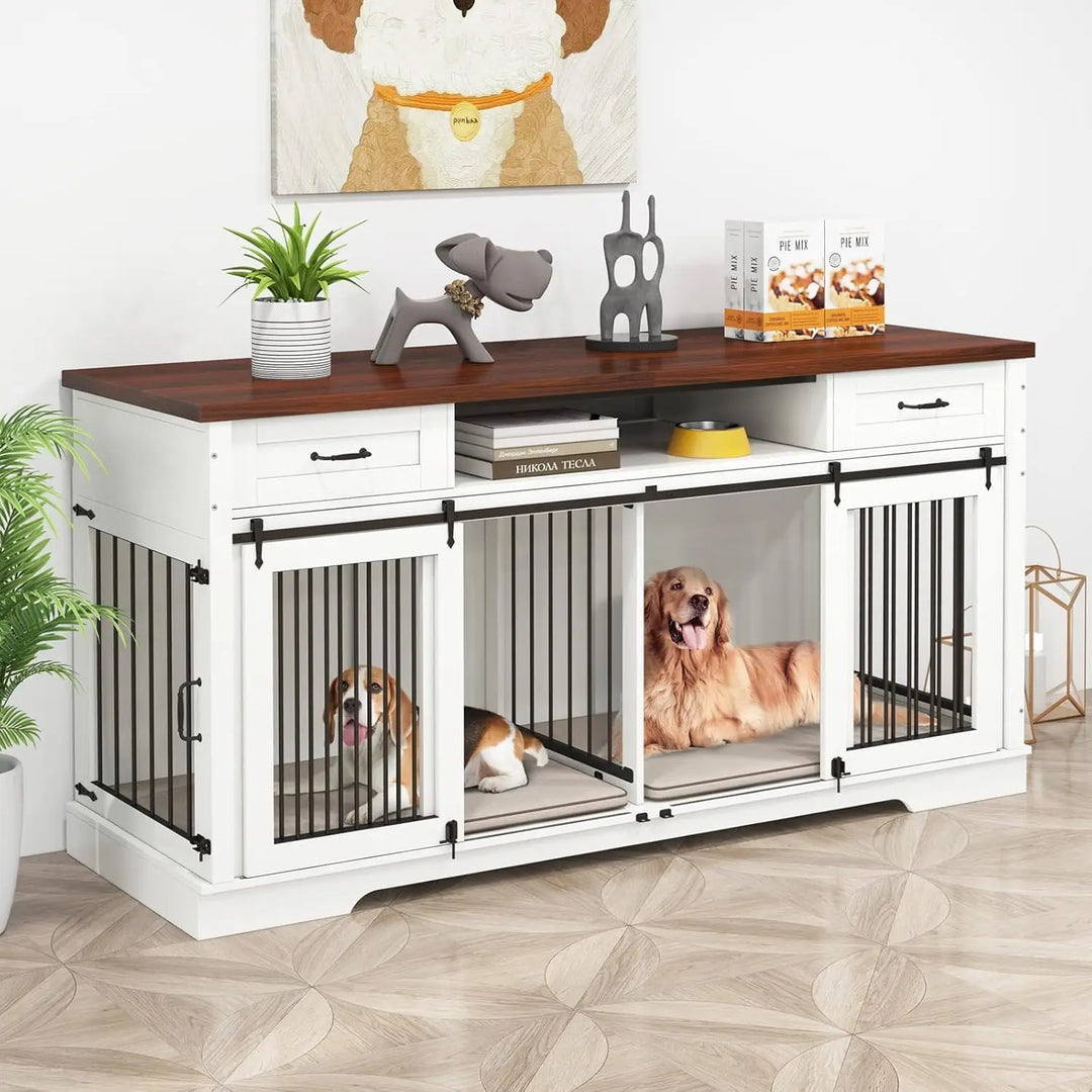 Dog Crate Furniture for 2 Dogs, 71" Extra Large Indoor Wooden Dog Kennel with Removable Divider, Heavy Duty Farmhouse Dog Crates