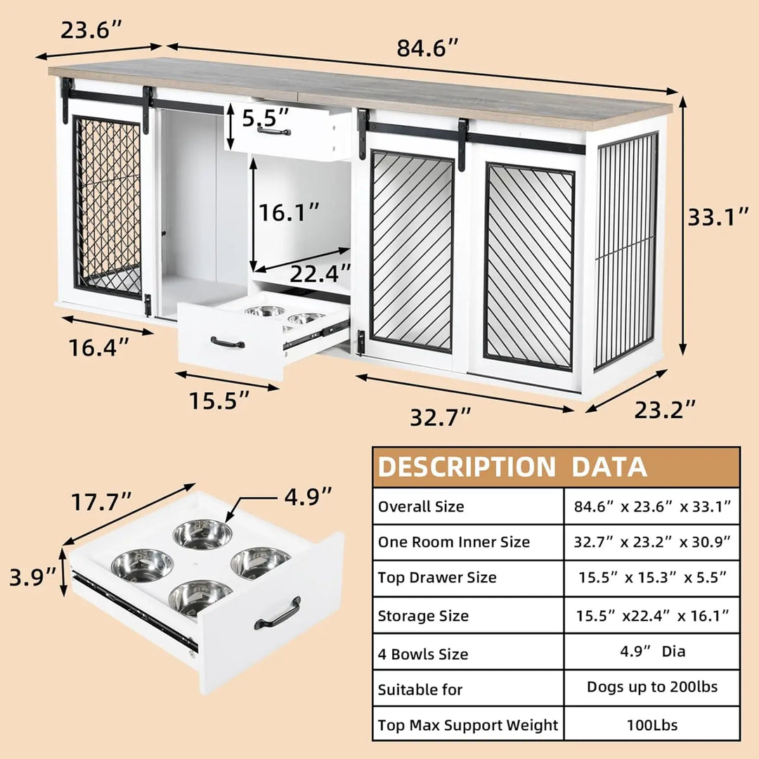 Extra Large Dog Crate Furniture, 85" Sliding Door Double Kennel for 2 Large Dogs Divided, Heavy Duty Wooden Dog Crate Kennel Fur