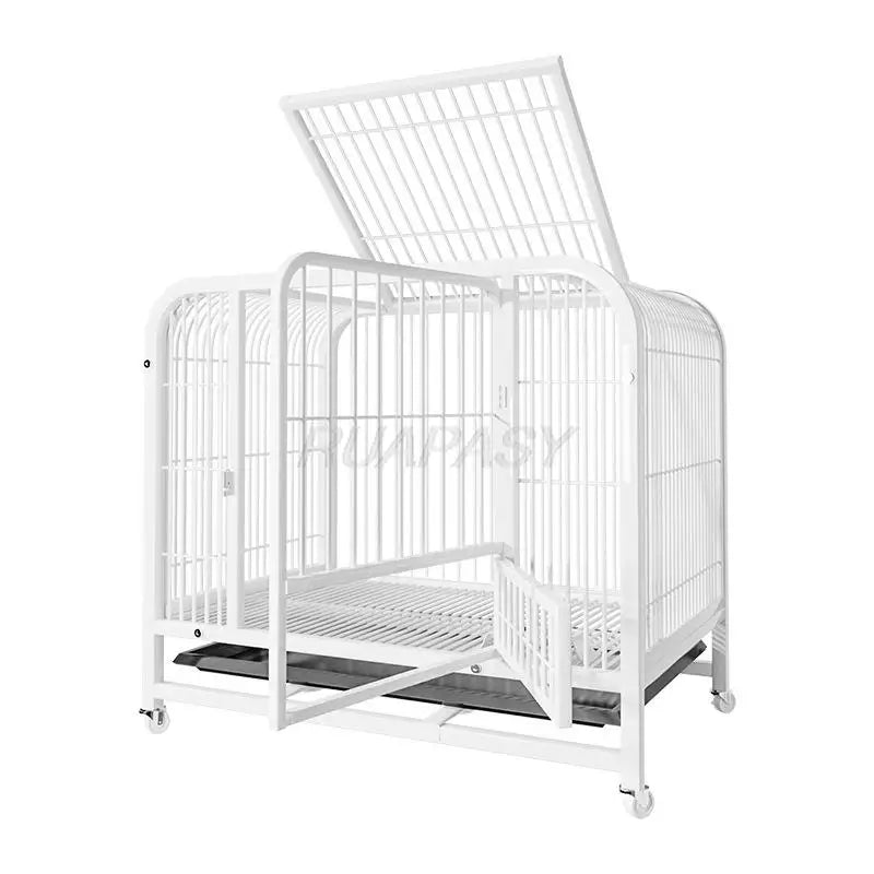 Dog Crate Furniture with Door Metal Pet Dog Cages House with Leak-Proof Pan Removable Tray Floor Protecting Kennel on Wheels