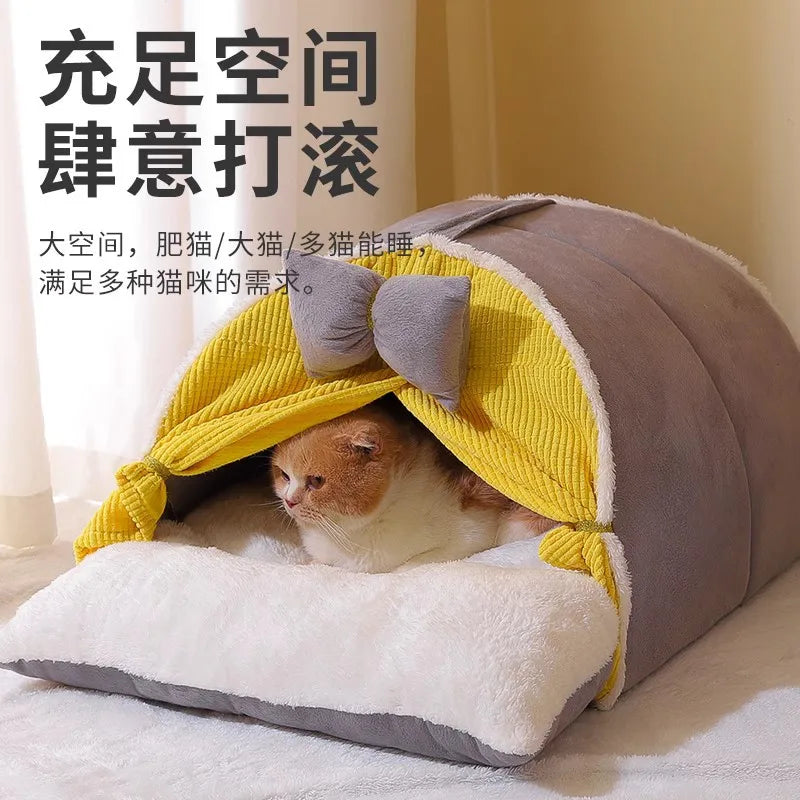 Modern Four-Season Universal Pet Bed Cat and Dog Kennel with Semi-Enclosed Litter Mat Oxford & EVA Animal Print Pattern