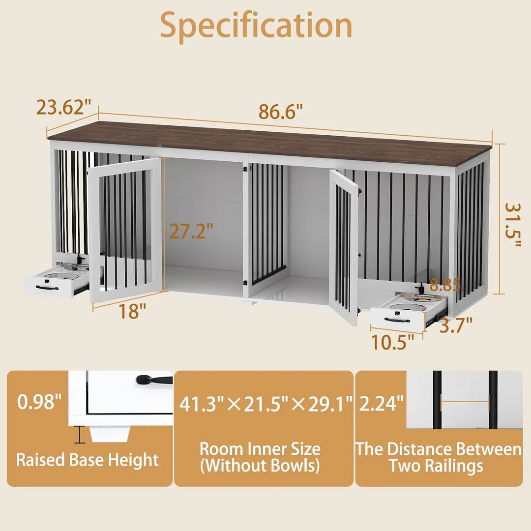 Furniture Style Large Dog Crate for 2 Dogs, 86.6" Heavy Duty Wooden Dog Kennel with Dog Bowl Drawers & Divider, Indoor Furniture