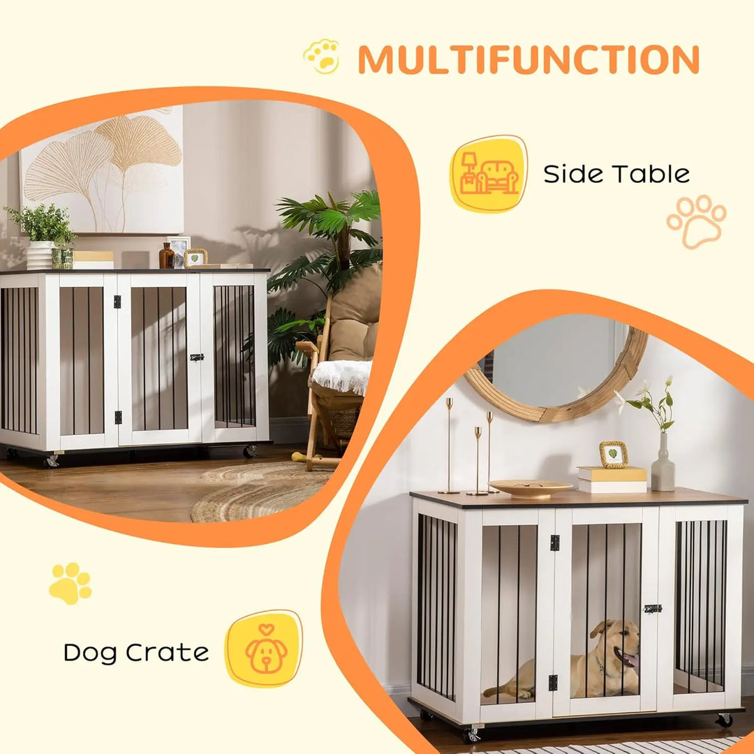 Large Dog Crate Furniture on Wheels, Dog Crate End Table Indoor with Lockable Door for Large Dogs, 42" W x 23.5" D x 32" H