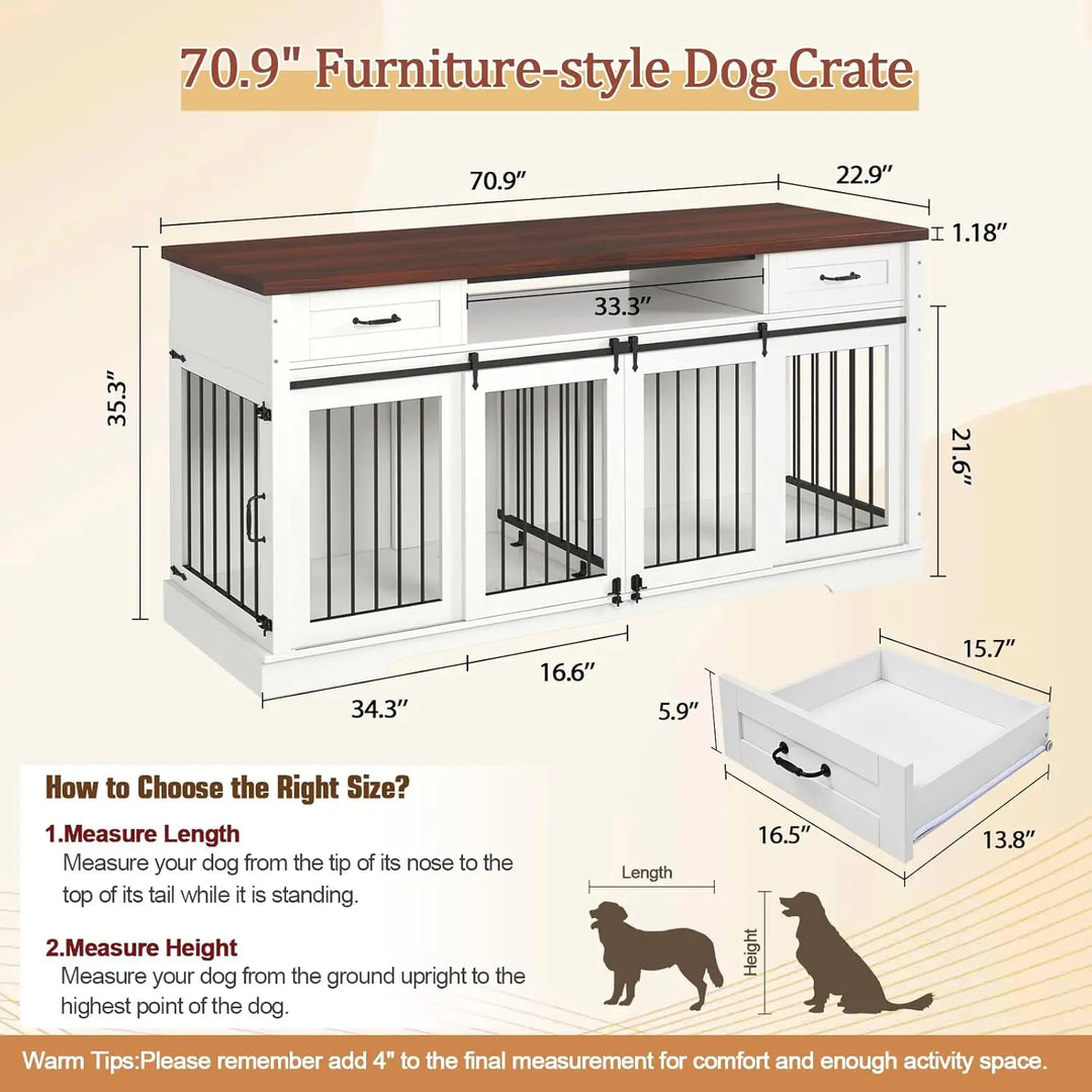 Dog Crate Furniture for 2 Dogs, 71" Extra Large Indoor Wooden Dog Kennel with Removable Divider, Heavy Duty Farmhouse Dog Crates