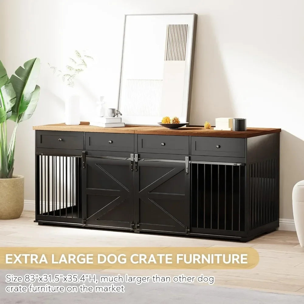 Dog Crate Furniture - Indoor Wooden Dog Kennel Furniture with 4 Drawers & 2 Sliding Barn Doors - for Small Medium Large Dogs