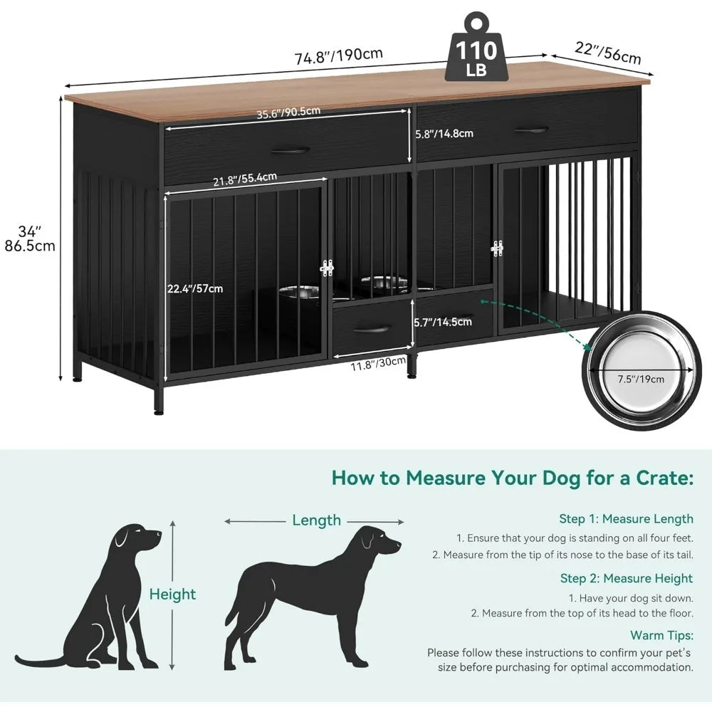 Dog Crate, Indoor Kennel for Large Breed with Storage Feeder, Wooden Pet Crate TV Stand Table for 2 Small Medium Dogs, Dog Crate